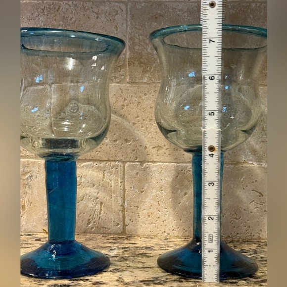 Mexico Hand-Blown Wine or Water Goblet Pair in Cobalt / Ocean Blue. Very Unique - Picture 2 of 4